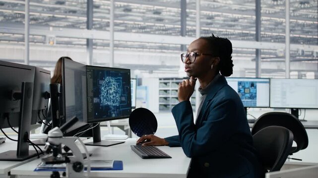 Developer uses AI to examine microchip circuit layout in factory R&D office.