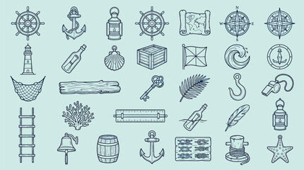 Collection of nautical and maritime icons and symbols, perfect for travel and adventure themes. © KN collection