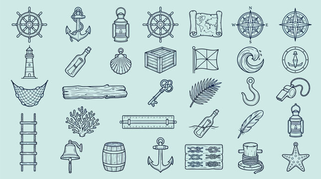 Collection of nautical and maritime icons and symbols, perfect for travel and adventure themes.