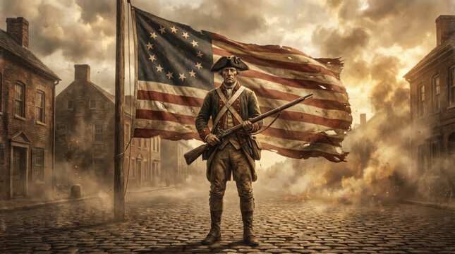 Soldier stands with rifle in front of waving American flag on historic street during conflict