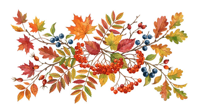 Autumn leaves and berries border illustration