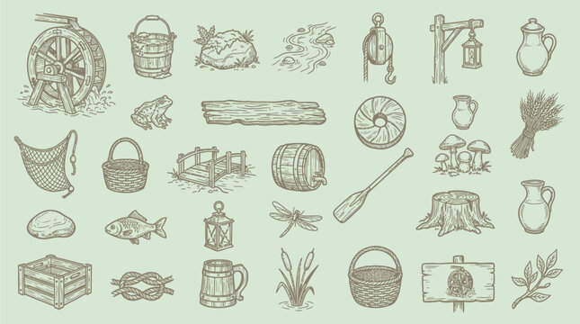 Collection of vintage hand-drawn illustrations of rustic objects and nature elements.