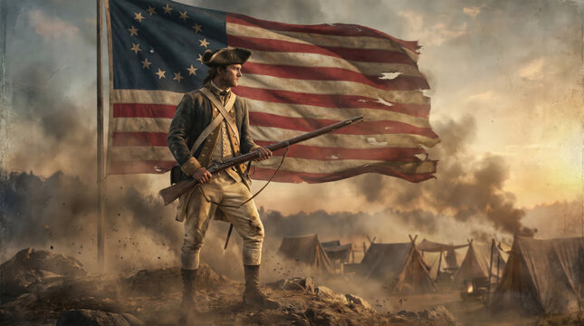 Soldier stands with rifle in front of American flag during historical scene in a campsite