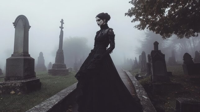 Mysterious woman in dark gown at foggy cemetery