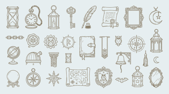 Collection of vintage and antique objects, symbols, and icons in a hand-drawn sketch style.