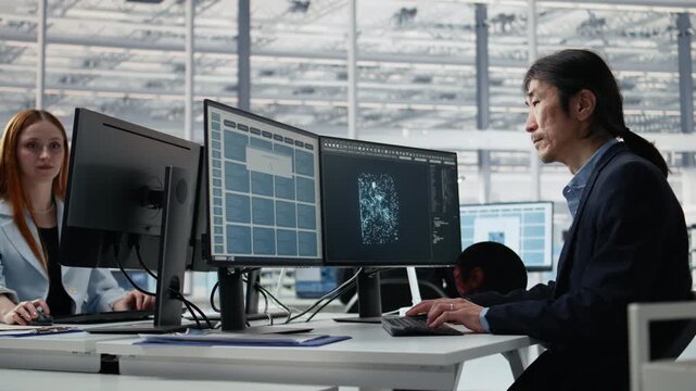 Analyzing PCB architecture, AI model and senior manager in semiconductor factory office, monitoring microchip parts fabrication, AI technology and Asian man for semiconductor research.