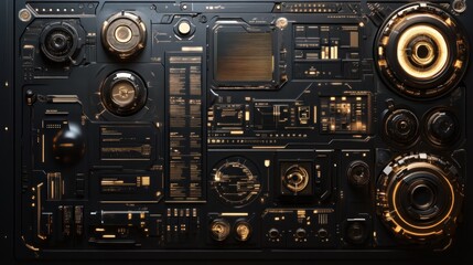 Fototapeta premium Futuristic circuit board with intricate gold accents. Complex technological interface, showcasing advanced circuitry and components. Detailed and highly stylized design