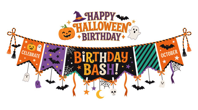 Happy Halloween Birthday Bash Banner with Pumpkins Bats and Ghosts