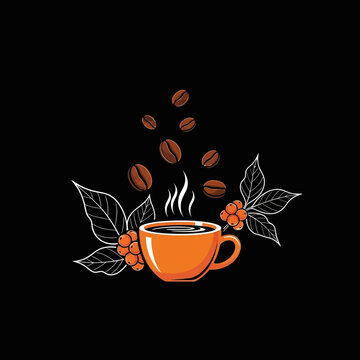 A steaming cup of coffee with beans.