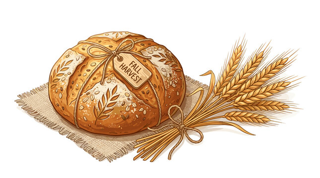 Artistic illustration of a rustic loaf of bread with wheat stalks and a Fall Harvest tag