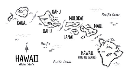 Hand-drawn map of Hawaii islands, Aloha State, Pacific Ocean © hujan