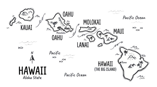 Hand-drawn map of Hawaii islands, Aloha State, Pacific Ocean