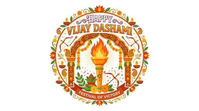 Happy Vijay Dashami Festival of Victory Indian Holiday Celebration with Torch and Bows