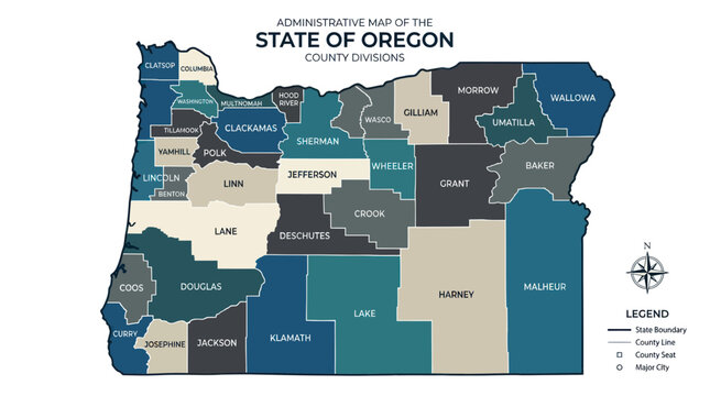 Oregon County Map: Administrative Divisions with County Lines and Major Cities Highlighted