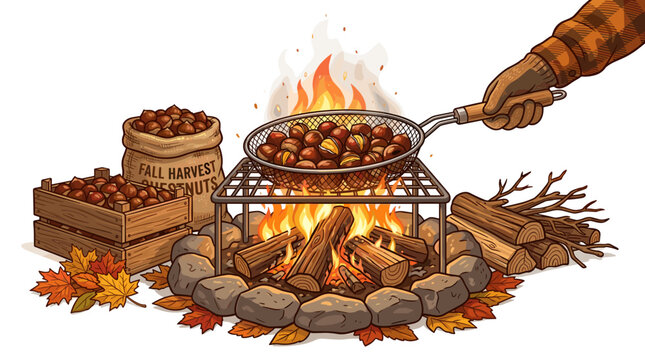 Roasting Chestnuts Over Open Fire Pit With Fall Harvest
