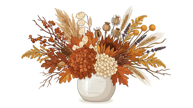 Autumn floral arrangement in a vase with dried flowers and leaves