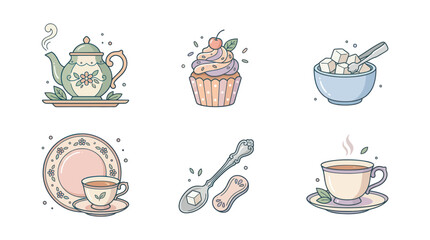 Tea Time Illustration: Teapot, Cupcake, Sugar Cubes, Tea Cup, Spoon, Plate © ijo