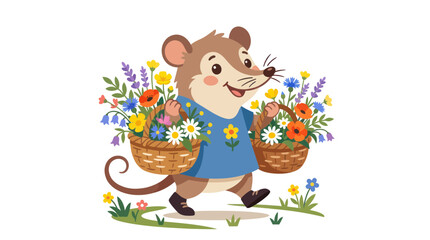 Naklejka premium Cute cartoon mouse carrying baskets full of colorful wildflowers