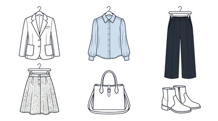 Naklejka premium Fashion Outfit Flat Lay: Blazer, Blouse, Skirt, Trousers, Bag, Boots