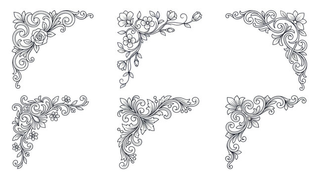 Vintage Floral Corner Ornaments, Decorative Flourishes, Elegant Design Elements