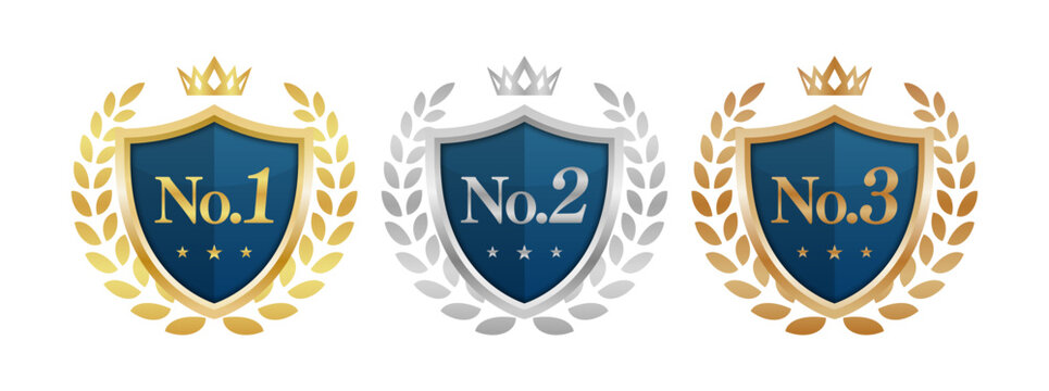 ランキングNo.1・No.2・No.3のエンブレムセット | 盾と王冠と月桂樹のバッジ | ベクター素材