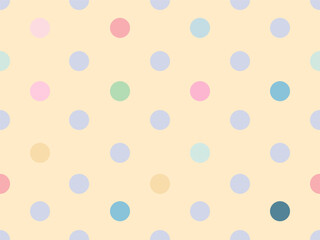 Pastel Polka Dots Pattern: A cheerful and simple pattern featuring a randomized arrangement of soft pastel-colored polka dots on a pale yellow background, perfect for playful designs. © yeen