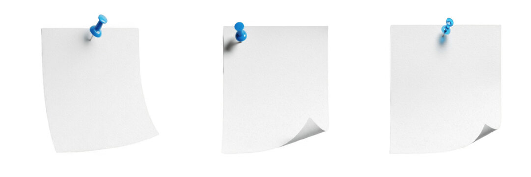 Set of blank white square paper note fixed with a blue pushpin for office memo reminder and bulletin board communication isolated on transparent background, png.