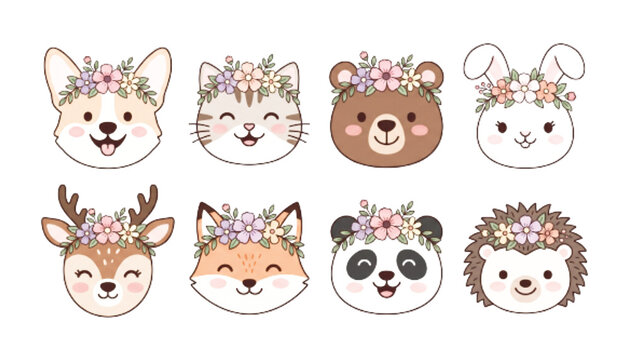 Cute wild animal face flower crown flat vector graphic illustration art set element creative design bundle pack collection
