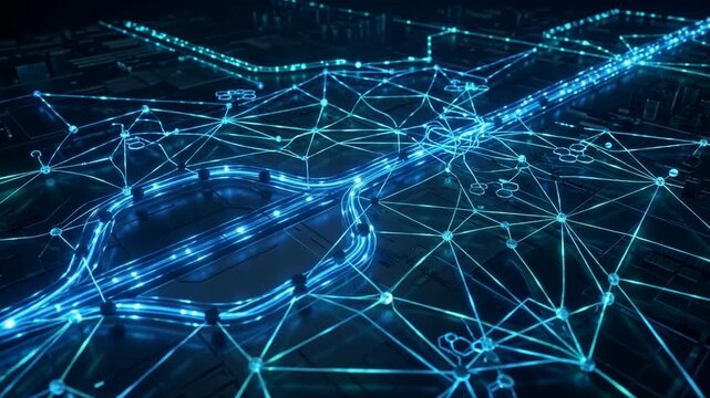 Aerial view of interconnected blue glowing network lines and nodes over a dark landscape, symbolizing technology and connectivity