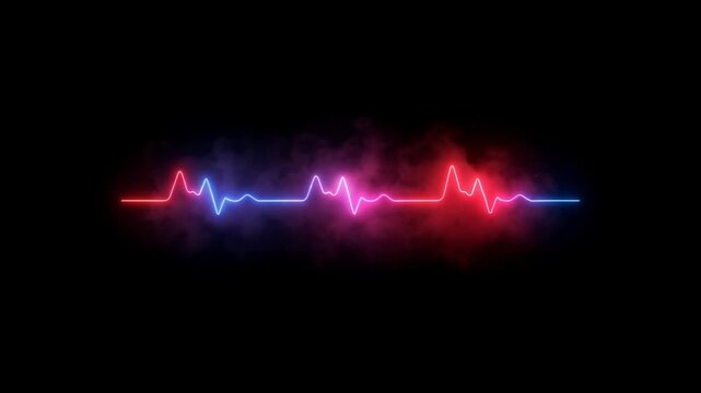 Colorful heartbeat waveform visualization with vibrant pulsing lines in red and blue against a dark background, conveying energy and rhythm