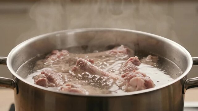 Close-up of simmering meat bones in a stainless steel pot, surrounded by steam in a brightly lit kitchen