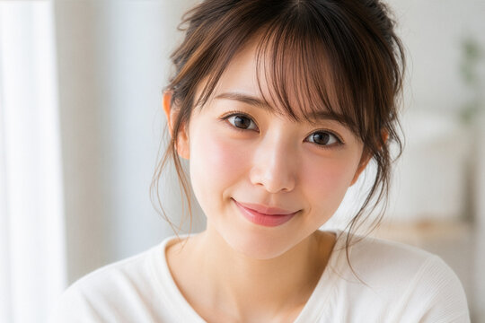 自然光の中で微笑む若い女性(顔アップ)