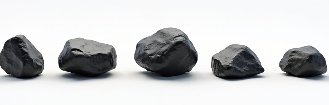 Five textured black rocks are isolated on a clean white background. These dark, angular stones appear to be rough and natural. Useful for game assets or graphic design.