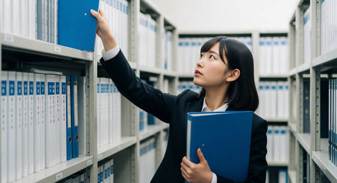 資料室で書類を探すビジネスウーマン