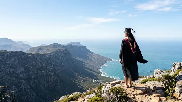 A recent graduate in a black gown standing on a rocky cliff overlooking a breathtaking ocean view and distant mountains