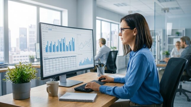 Side View of Businesswoman Analyzing Financial Data Dashboard on Computer in Bright Modern Office