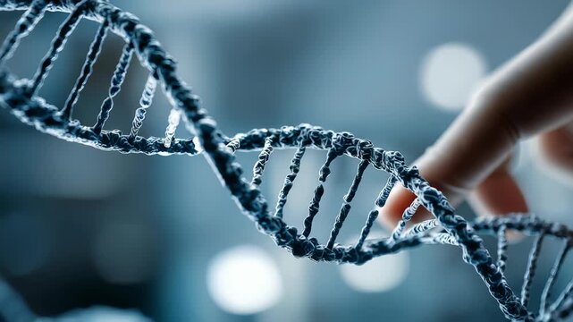 Closeup of a human hand touching a digital DNA double helix structure in a laboratory environment. Futuristic biotechnology and genetic engineering concept with blue scientific background