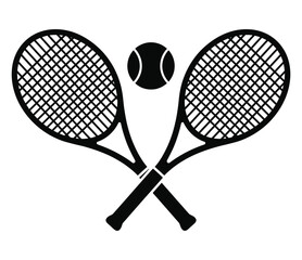 Black silhouette of two tennis rackets crossed with a ball floating above on a white background © Markpixel