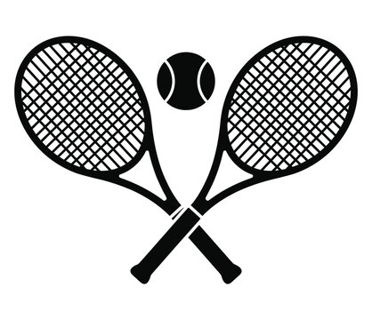 Black silhouette of two tennis rackets crossed with a ball floating above on a white background