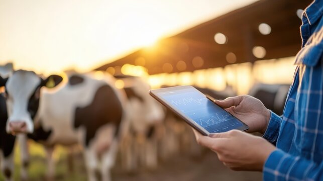 Smart livestock farming technology showing farmer with digital tablet monitoring cow health data, automated precision agriculture systems on modern dairy farm with analytics tracking animal nutrition