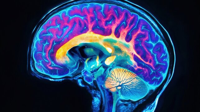 Advanced digital brain scan visualizing neural pathway deterioration, with precise color mapping and cellular data analysis for neurological research, diagnosis, or scientific illustration