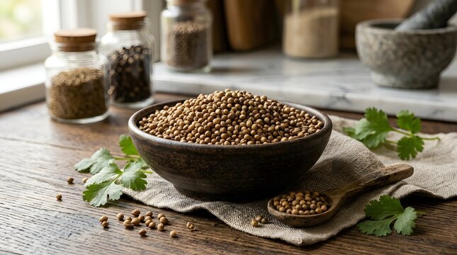 Coriander seeds in an organic kitchen arrangement with fresh herbs