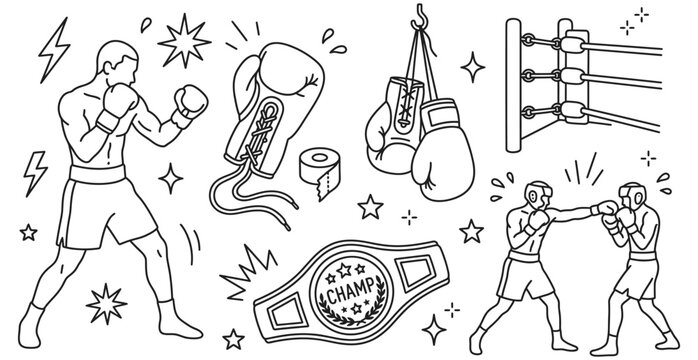 Boxing themed doodle set with fighter gloves belt and ring illustration in white background line art style