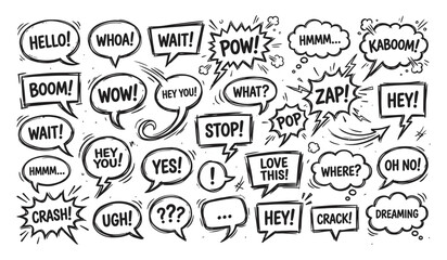 Collection of hand drawn comic speech bubbles and sound effects with expressive words on a white background © Markpixel