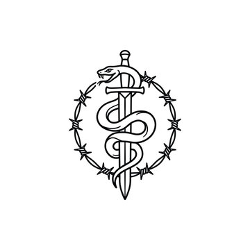 Vintage woodcut illustration of a snake wrapped around a sharp sword or dagger, enclosed within a circular barbed wire frame