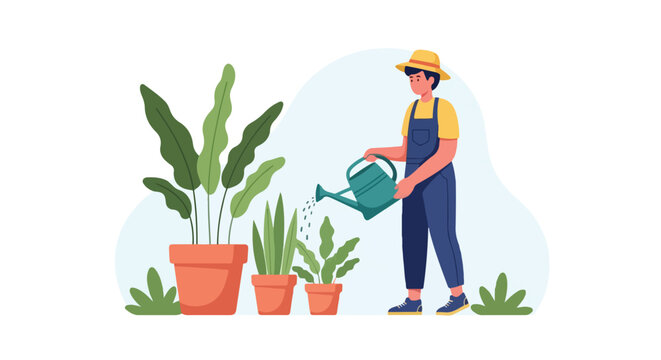 A young man wearing a straw hat and blue overalls is watering various potted green plants using a teal watering can on a clean white background.