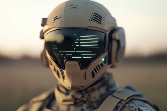 A male soldier in full tactical armor wearing advanced smart protective gear with embedded biosensors during a field test, showcasing modern military technology in action.