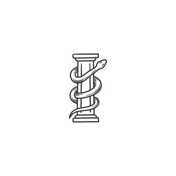 Minimalist flat line art illustration of a snake wrapped around a classic ancient pillar, isolated on a white background.