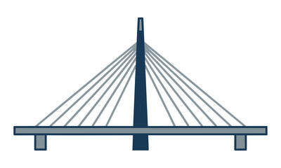 Obraz premium Minimalist cable-stayed bridge icon with a central pylon and fan cables in navy blue and slate grey on a white background, modern architecture concept