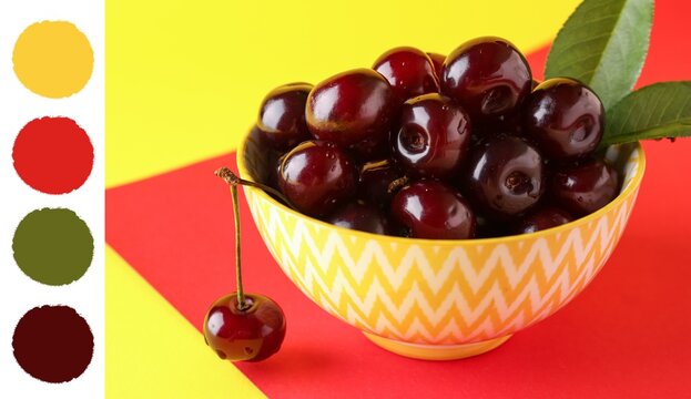 Fresh ripe dark red cherries in yellow patterned bowl with green leaf on vibrant red and yellow background, a single cherry with a green stem rests beside the bowl